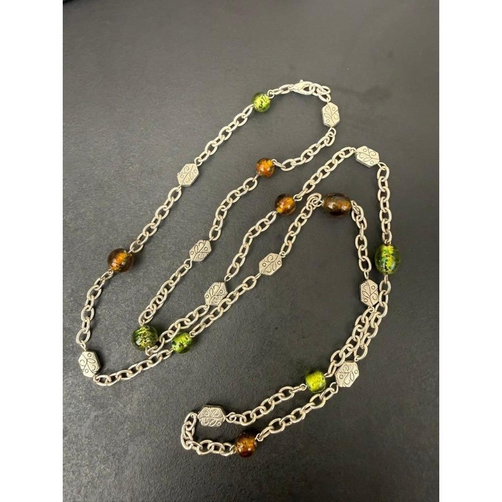 Boho Earthy Glass Necklace Amber‎ Green Beaded Floral Etched Silver Tone Chain
